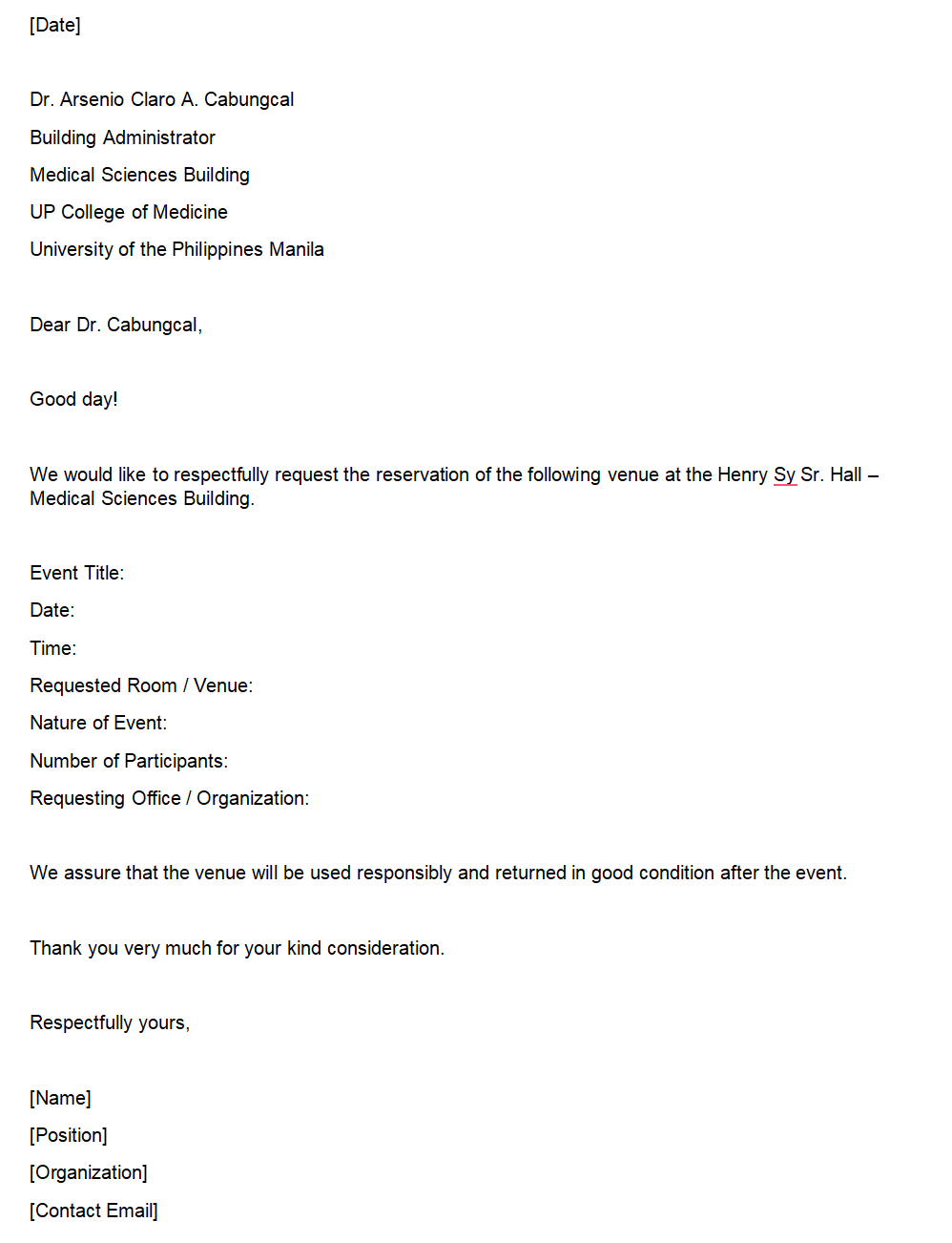 Sample room reservation request letter